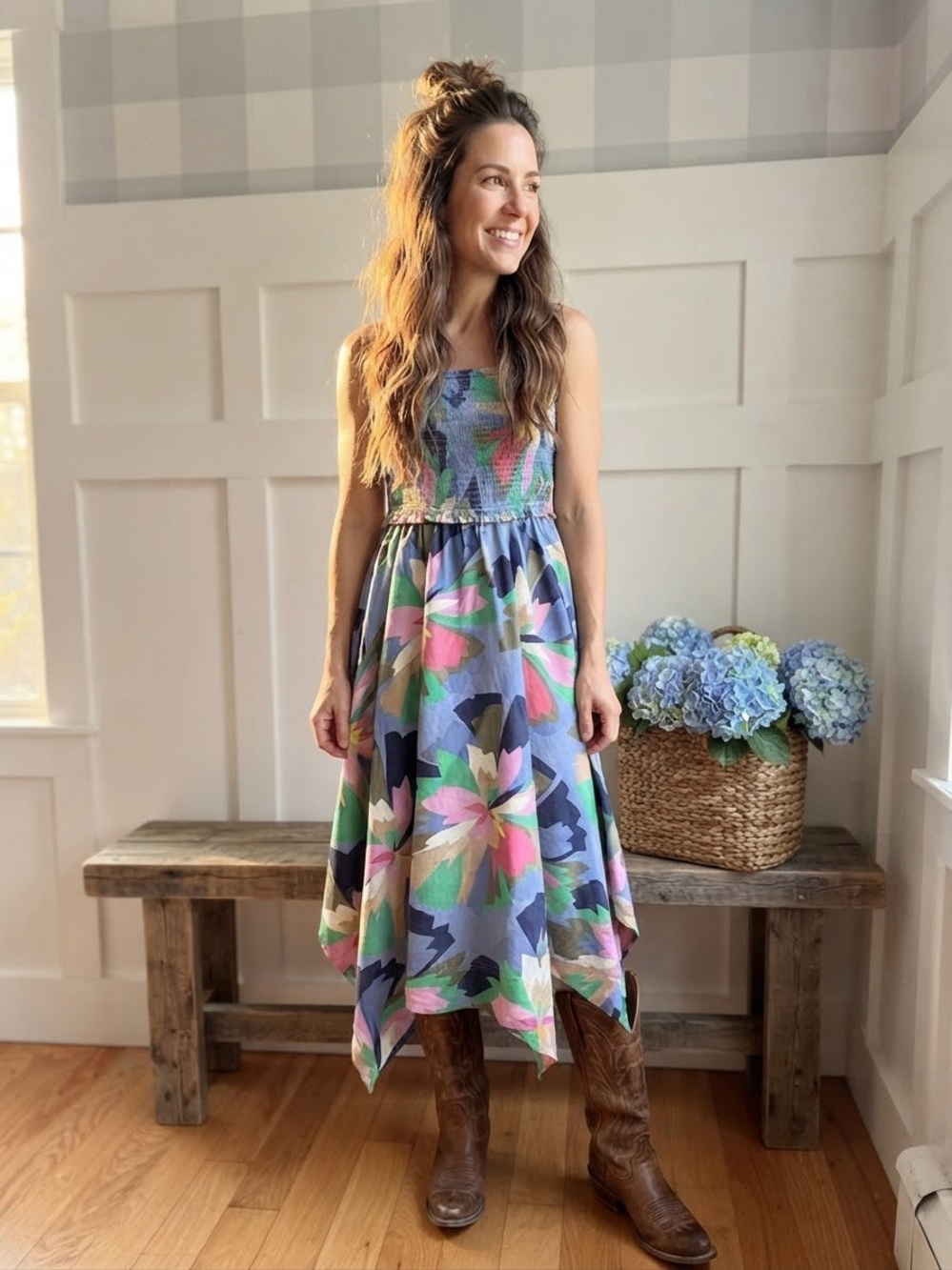 GAP Pastel Floral Smocked Handkerchief Midi Dress Large